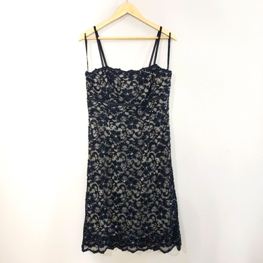 Etoile Size 12 Large Black Cream Beaded Sheath Lace Dress with Spaghetti Straps